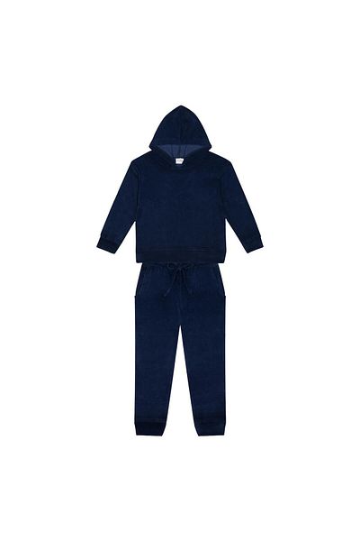 Antebies Navy Blue Velvet Hooded Tracksuit Set