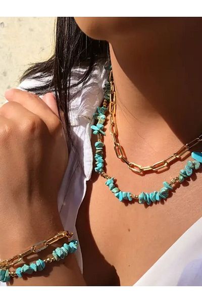 By Song Aksesuar Natural Turquoise Stone Steel Necklace and Bracelet Set