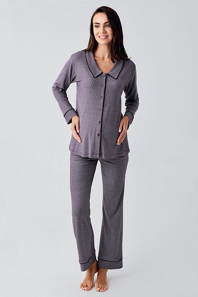 Artış Flexible Viscous Baby Collar maternity Pajamas Set - Long Sleeve anD ButtoneD