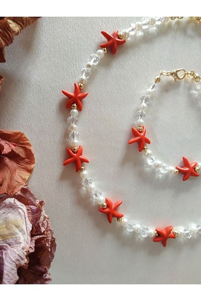 Fata Morgana Accessory Red Natural Stone Starry Crystal Bead Necklace Bracelet Set