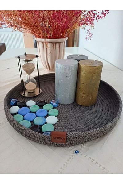 Patiska Tasarım Anthracite Jute Rope Wicker Candle Holder Decorative Presentation Tray