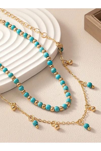 By Song Aksesuar Double Anklet with Turquoise Natural Stone
