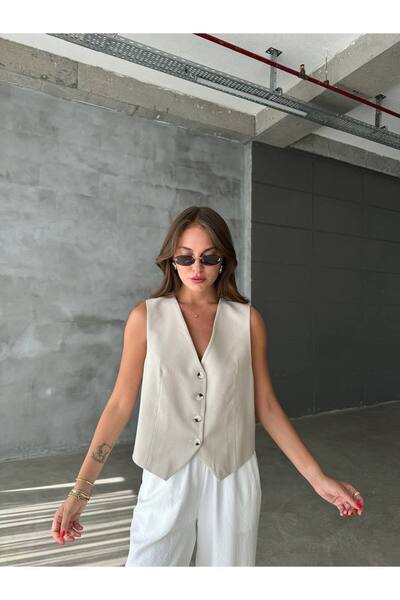 POİSE Longitudinal Striped Buttoned Loose Polyviscon Vest