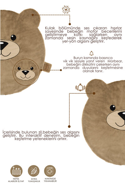 mordesign Bebek/Çocuk Oyun Halısı, Yenidoğan Emekleme Pedi, Aktivite Oyun Matı, Peluş Kumaş, Morbear Serisi