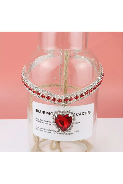 SYNOPE Crystal Red Stone Glittering Heart Ornate Cat Dog Collar Collar Necklace Animal Accessories