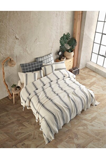 destinyhometex Bej Bohem Desenli Naturel 4 Katlı Muslin %100 Pamuk Tek Kişillik Yatak Örtüsü/Pike 160x240cm
