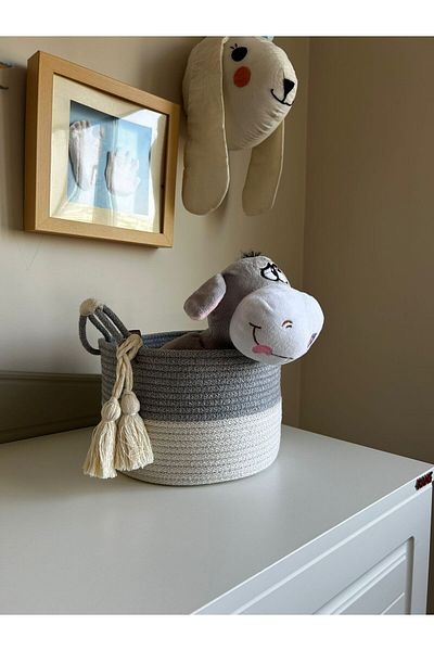 Patiska Tasarım Gray Handled Jute Basket - Hand Knitted Organizer