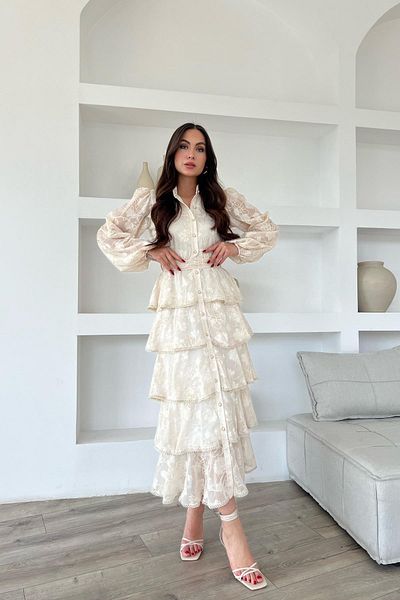Seda Yalçın Atelier Μπεζ φόρεμα Valon Stripe με λεπτομερείς στρώσεις