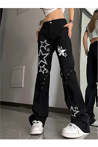 BROOD's Y2k Stars Detailed - Black High Waist Wide Leg Trousers