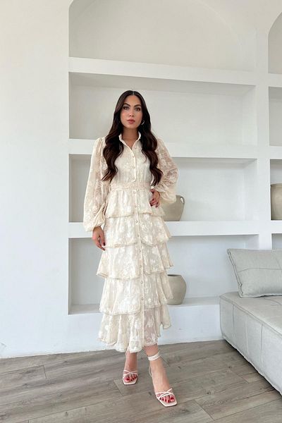 Seda Yalçın Atelier Μπεζ φόρεμα Valon Stripe με λεπτομερείς στρώσεις