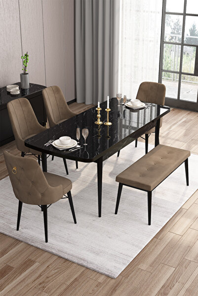 Canisa Taç Serisi Açılabilir Mutfak Masası Takımı 80x132 Siyah Mermer Masa 4 Kahverengi Sandalye 1 Bench