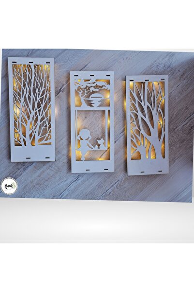 BAŞARI ATÖLYE AHŞAP PERİ LEDLİ IŞIKLI 3 LÜ SALINCAKTA KIZ KEDİ ÇİÇEK TABLO BEYAZ