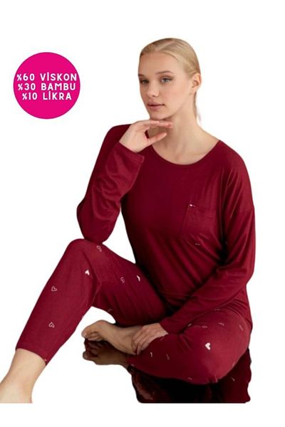 bie's Claret Red Viscose Seasonal Pajama Set - Long Sleeve with Hearts, Buttons and Pockets