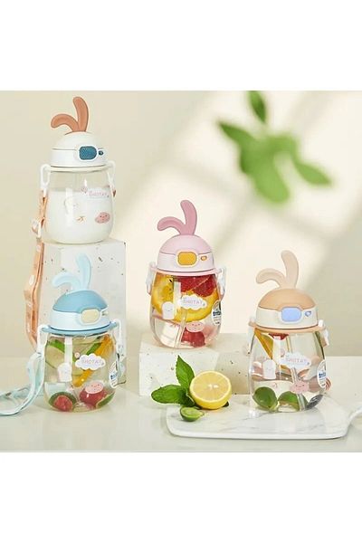 ALPA STORE Shotay 600 ml - Water Bottle with Straw, Strap and Lock, Rabbit Ears