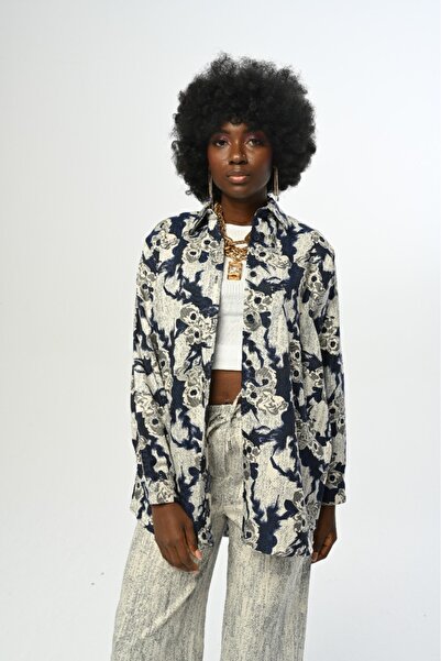 Orfeo Negro Cămașă cu model pentru femei, în albastru bleumarin, cu croială o...