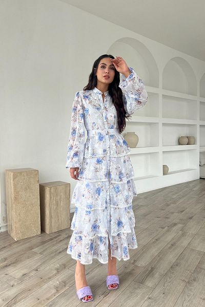Seda Yalçın Atelier Blue Valon Stripe Detailed Layered Dress