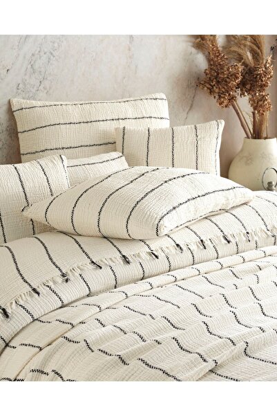 destinyhometex Bej Etnik Desenli Naturel 4 Katlı Muslin %100 Pamuk Tek Kişillik Yatak Örtüsü/Pike 160x240cm