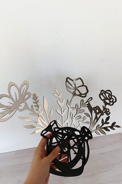 Wooden Factory Flowers in a Mirrored Plexiglass Detailed Pot