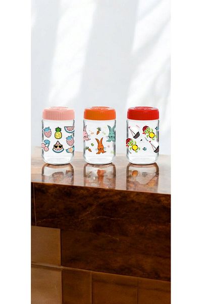 GKN Online 370 Cc Patterned Food Container - Glass Jar Set of 3