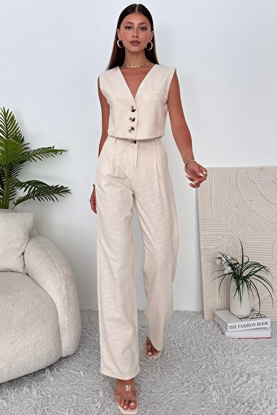 ZAROLİ Vászon ujjatlan női blézer és mellény nadrág szett