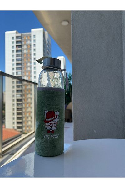 Daisy Green Colored Plush Flask - Glass Water Bottle 500ml Healthy