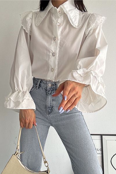 FURKAN EXCLUSIVE White Button Detailed Women's Cotton Shirt - Apron Collar, Princess Sleeve
