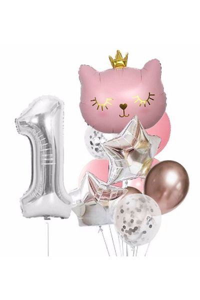Parti Station Pink Cat 1 Year Old Balloon Set Star Balloon Foil Set Pink Cat Concept Birthday Set Age Balloon Set