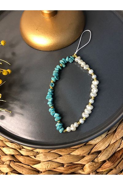 Stoneday Turquoise Stone Evil Eye Bead Detailed Pearl Phone Strap Charm Accessory