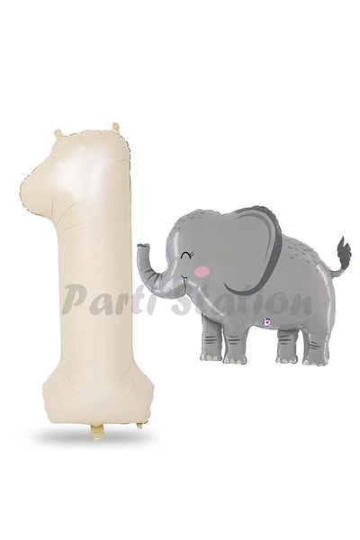 Parti Station 1 Year Old Birthday Cute Elephant Balloon Set - Safari Concept, Cream Color