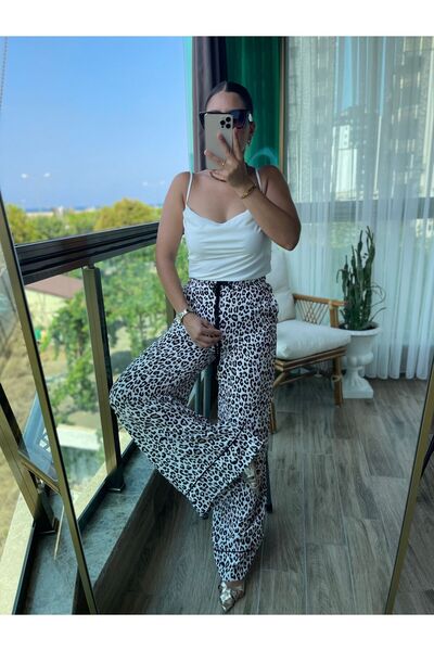 Kadın Saten Leopar Desen Pantolon