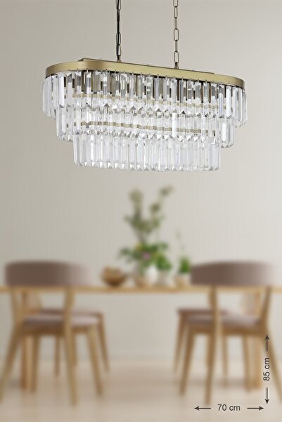 Avizemoda Linsa 70x30 Cm Kristal Cam Taşlı Yemek Masası Üstü Lüks Avize (ESKİTME RENK)