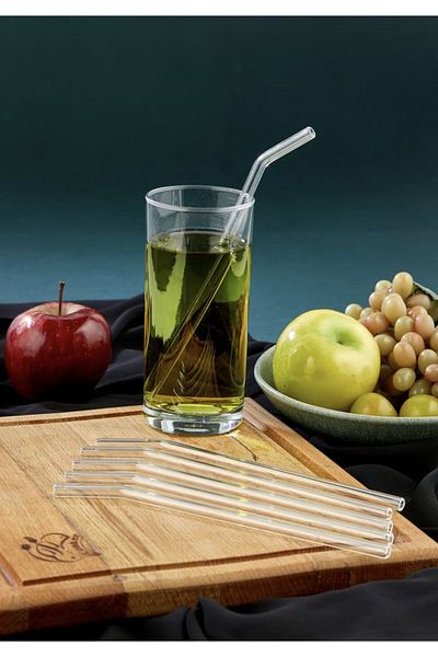 ALTIN MUTFAK 6 Pieces Clear Glass Curved Straws Cocktail Presentation Straws Washable