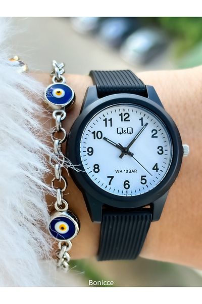 Q&Q 10 Bar Waterproof Women's Wrist Watch with Black Silicone Cord - Pool and Sea Use