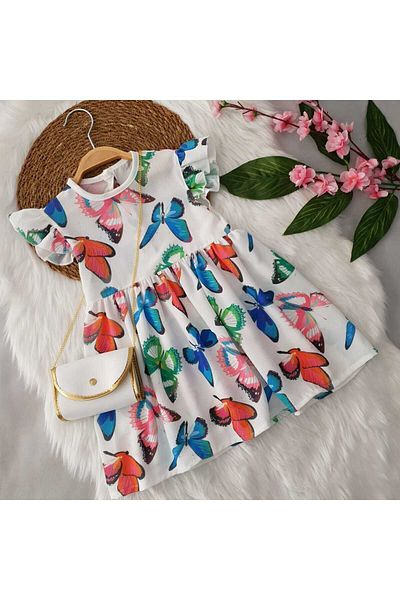 aden kids Girl's Dress - Colorful Butterfly Pattern, Crepe, 2-8 YEARS
