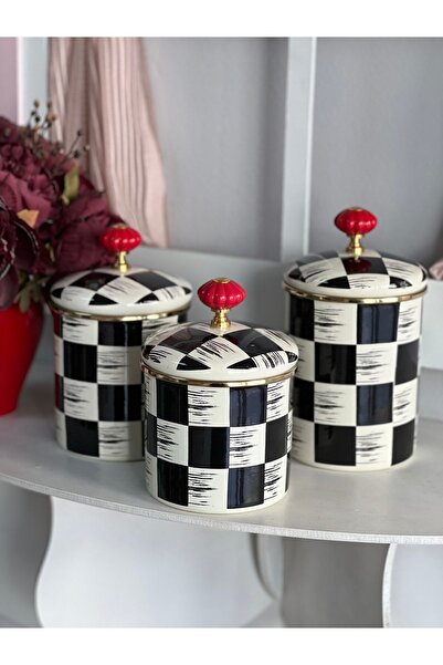 ACAR 3-piece Patterned Coffee Tea Spice - Acar Enamel Checkered Jar