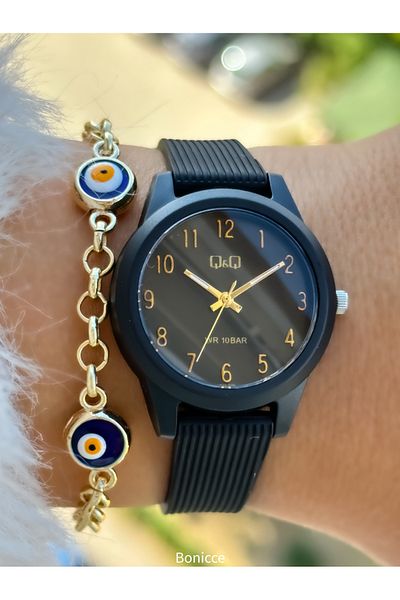 Q&Q 10 Bar Waterproof Women's Wrist Watch with Black Silicone Cord - Pool and Sea Use