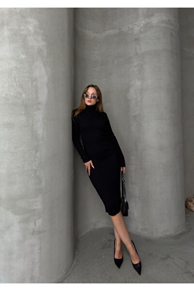 Benisengiydir Μαύρο ζιβάγκο μακρύ πλεκτό γυναικείο φόρεμα