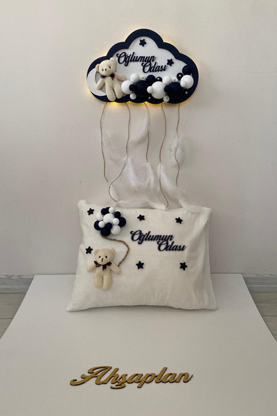 Ahşaplan Bubble Ledli Bebek Bulut Kapı Süsü ve Yastık Takımı | Bebek Odası Yeni Doğan Takımı