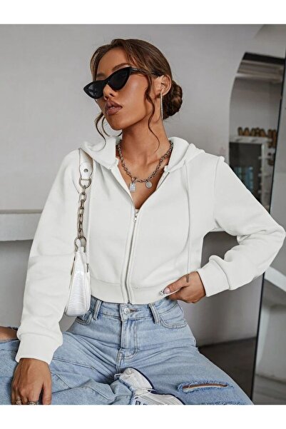 MİSS M.A.T FASHİON Cardigan din fleece pentru femei Off White - Hanorac cu glugă cu fermoar