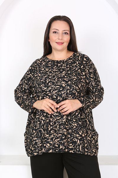 XL Modam Xlmodam Black Patterned Lycra Tunic - Plus Size, Long Sleeve