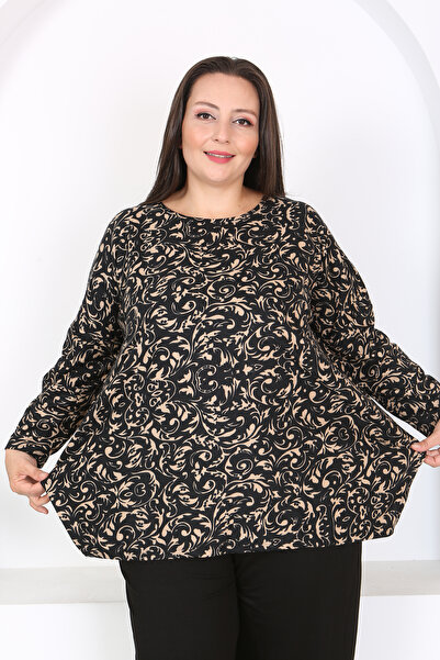 XL Modam Xlmodam Black Patterned Lycra Tunic - Plus Size, Long Sleeve