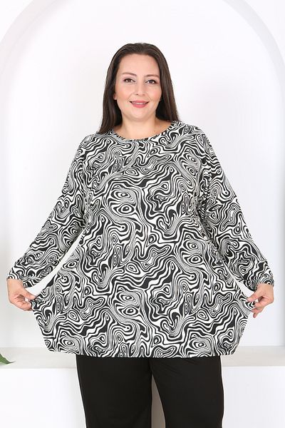 XL Modam Xlmodam Women's - Black and White Patterned Lycra Long Sleeve Tunic, Plus Size