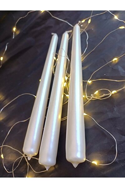 Yenigeldi 3 Lü , 7 Saat Yanan ,metalik Sedef Şamdan Mumu, Ivorry Taper Candle