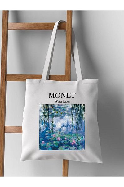 Limon Monet - Geantă de umăr din pânză, albă, groasă, cu imprimeu Crini