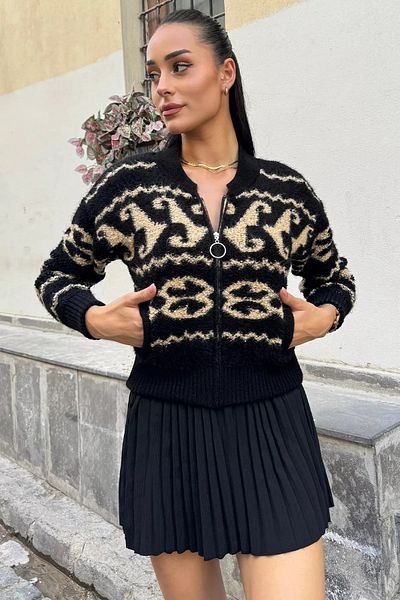 GÜLSELİ Patterned Zippered Black Beige Knitwear Cardigan