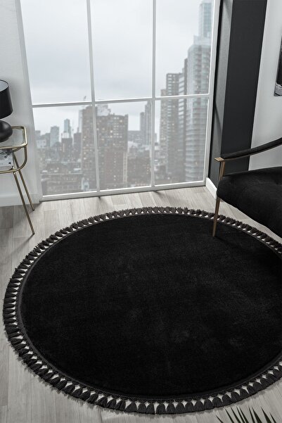 LİNOS HOME Puffy Siyah Yuvarlak Saçaklı Peluş Halı Yumuşacık Yıkanabilir Kaym...