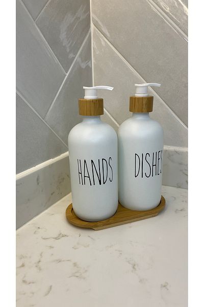 may home design Set of 2 White Kitchen Liquid Soap Dispensers 500ml+500ml with Bamboo Tray