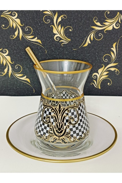 SAMSA Altın Siyah Beyaz Kare Desenli 6 Kişillik Çay Seti 6 Person Tea Set