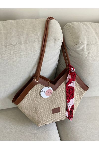 BAGLOVİS New Season Women's Shoulder Bag - Scarf and Straw Detail