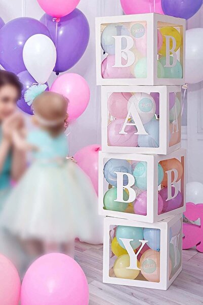 Doğumgünü Marketim Baby Yazılı Şeffaf Beyaz Kutu Balon Seti 33 Parça